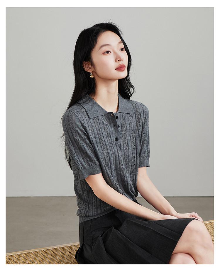 Hollow Out Polo Collar Short Sleeved Knitted T-shirt for Women In 2026 Spring Fashion, Versatile and Slimming Casual Top