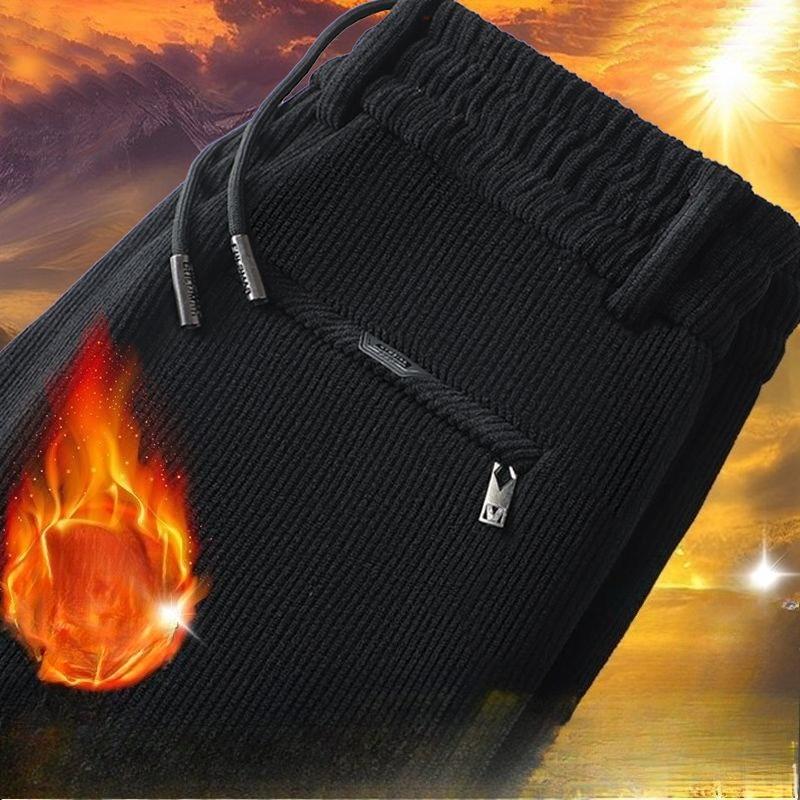 Men's Autumn Winter Fleece Lined Thickened Corduroy Casual Straight Leg Pants Loose Striped Long Pants for Middle-Aged Men