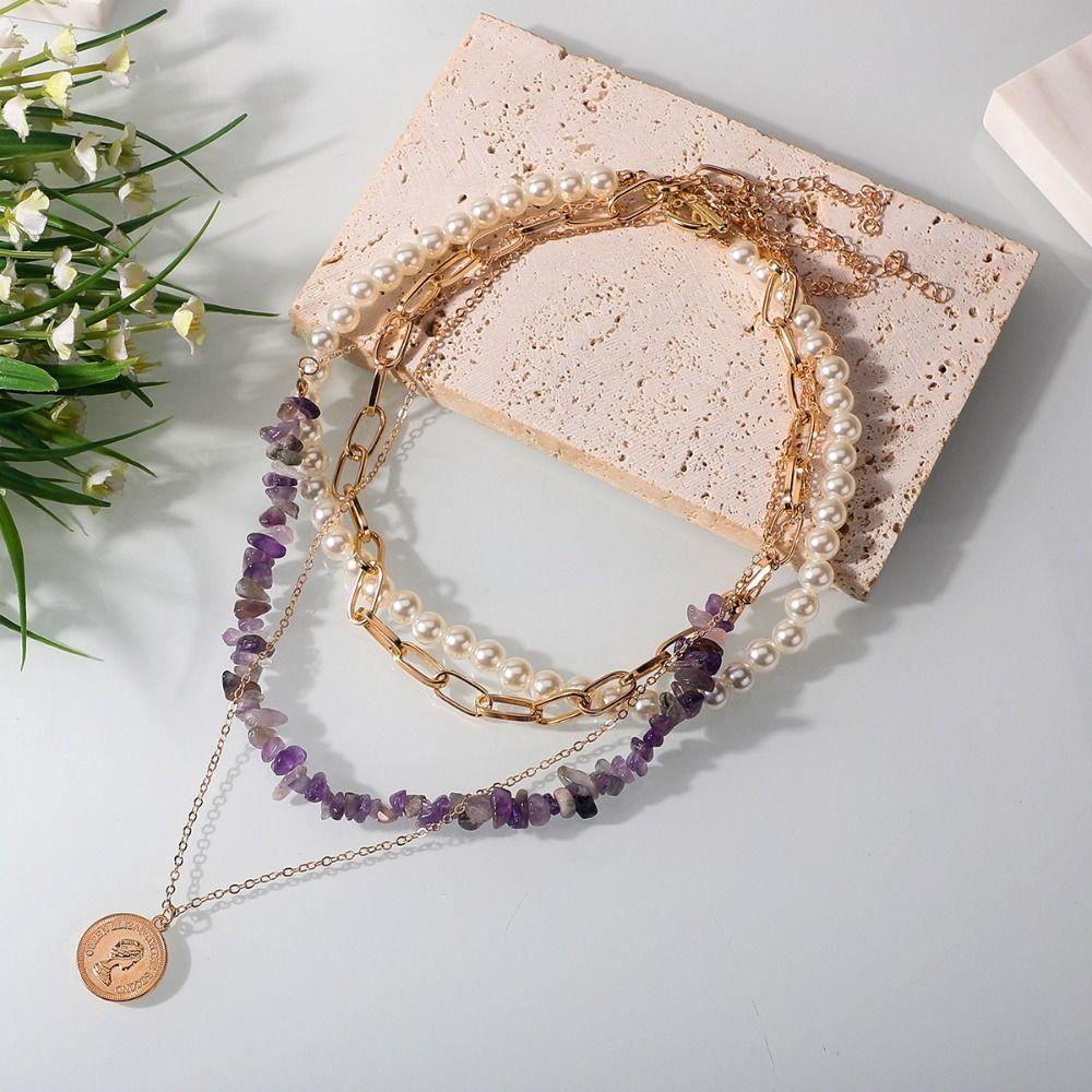 Elegant Colored Stone Necklace Exquisite Clavicle Chain Adjustable Pearl Beaded Necklace  Party