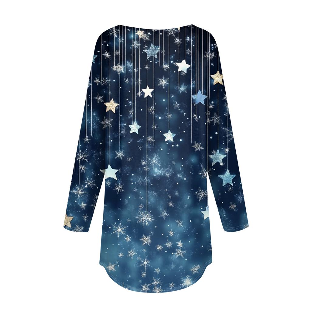 Women's Fashionable Loose-Fit Button-Down Collar Christmas Print Long-Sleeved Top
