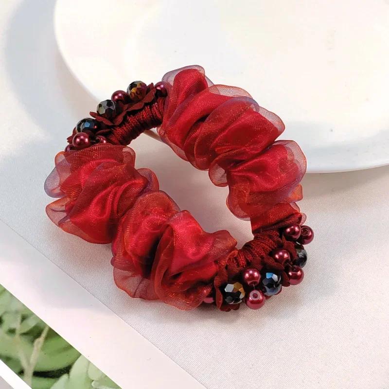 Doppelkopf-Perle Dickdarm Haargummi Neuer Meteor Organza Haarband Hochsteck-Ball Blume Kopfschmuck für Mütter Haargummi