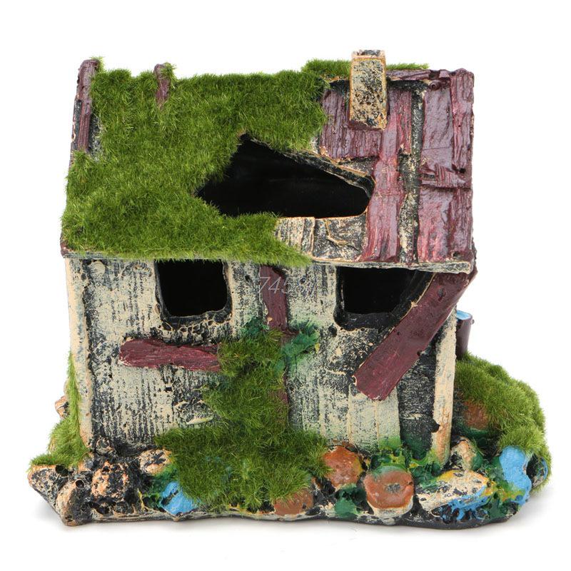Aquarium Fish Tank Decoration: Resin Rockery Ornament Hiding House for Small Fish with Moss
