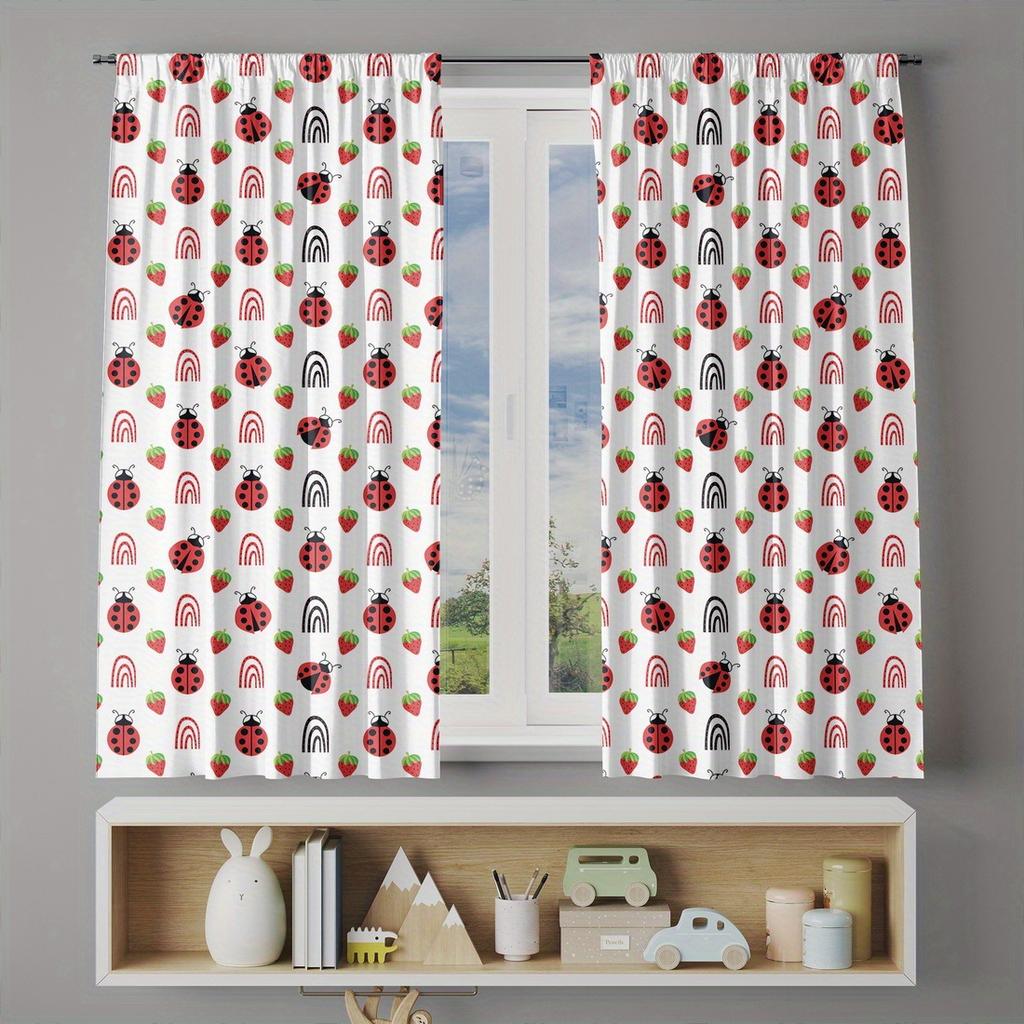 2pc Cute Ladybug and Strawberry Curtains, Polyester Fabric, Machine Washable, Suitable for Bedroom and Living Room Decoration