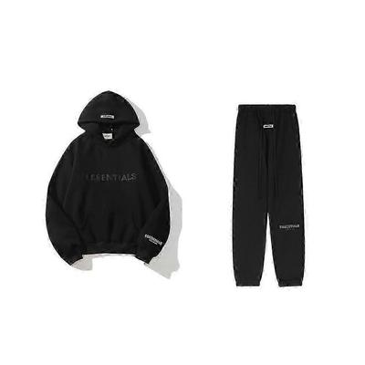 (nero,M)Essentials Maglione Giacca Americano con Stampa Floccata di Lettere in Silicone 3D + Pantaloni Tuta Casual Per Uomo e Donna -CAN