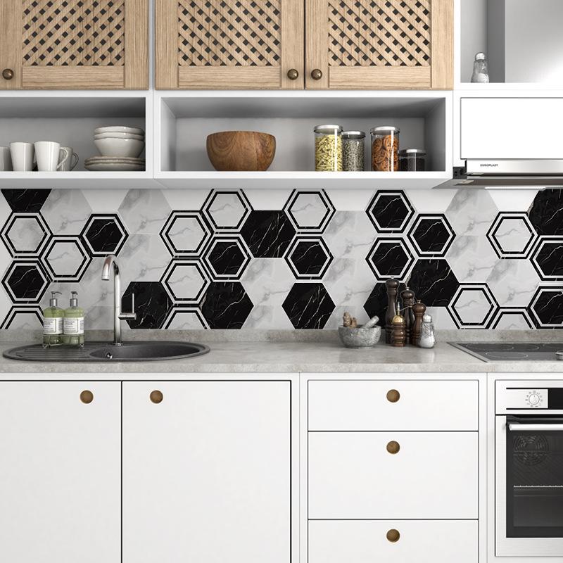 50Pcs Grey and White Marble Wood Bohemian Peel and Stick Self-Adhesive Hexagon Tile Stickers for Home Cabinet Kitchen Living Room Wall