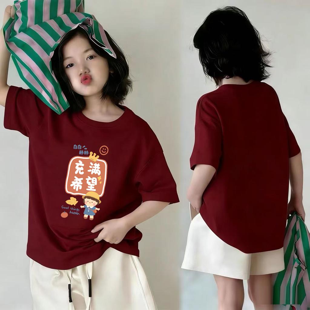 Girls Summer Cotton Cartoon Short Sleeve T Shirt White Round Neck Sweat Absorbing Top For Big Kids