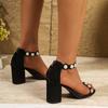 Large size summer new sandals women's high-end banquet temperament pearl thick heel medium heel sandals women