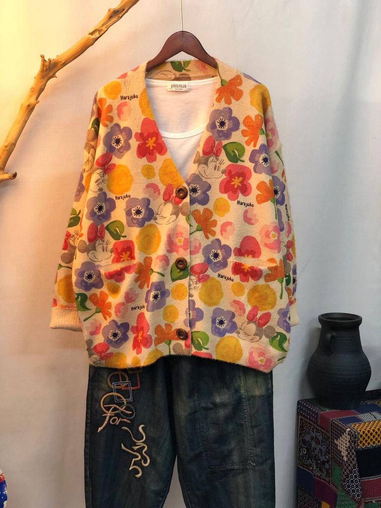 Factory new autumn and winter cute printed imitation mink velvet jacket women's Korean version loose lazy sweater