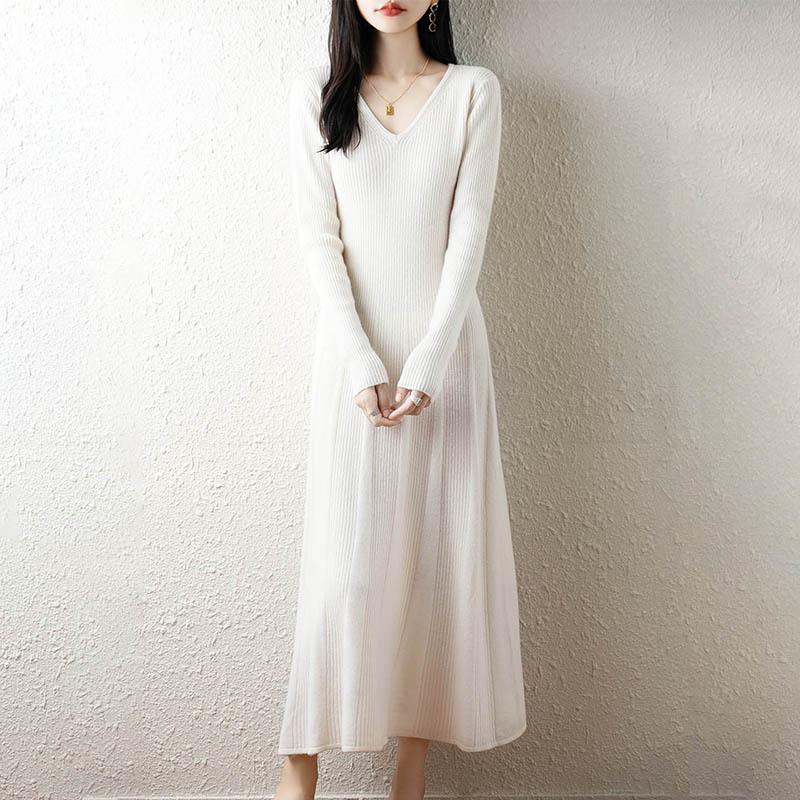 Gentle Style V-neck Pure Wool Knit Dress - Slim Fit Long Sleeve for Autumn & Winter