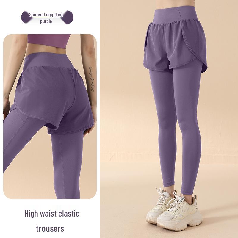 2025 High Waist Yoga Pants: Fake Two-Piece, Elastic, Hip-Lifting, Tummy Control, Nude Feel, Anti-Exposure Running and Fitness Wear