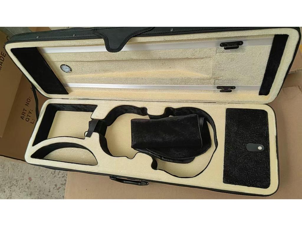 Rectangular or square violin case; a popular travel choice for violinists.
