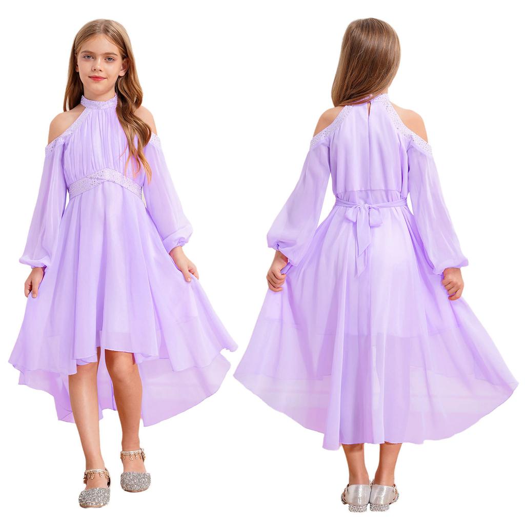 Children‘s High Waist Ruffled Dress Halter Off Shoulder Long Sleeve Irregular Hem Fake Diamond Embellished for Prom Wedding Party