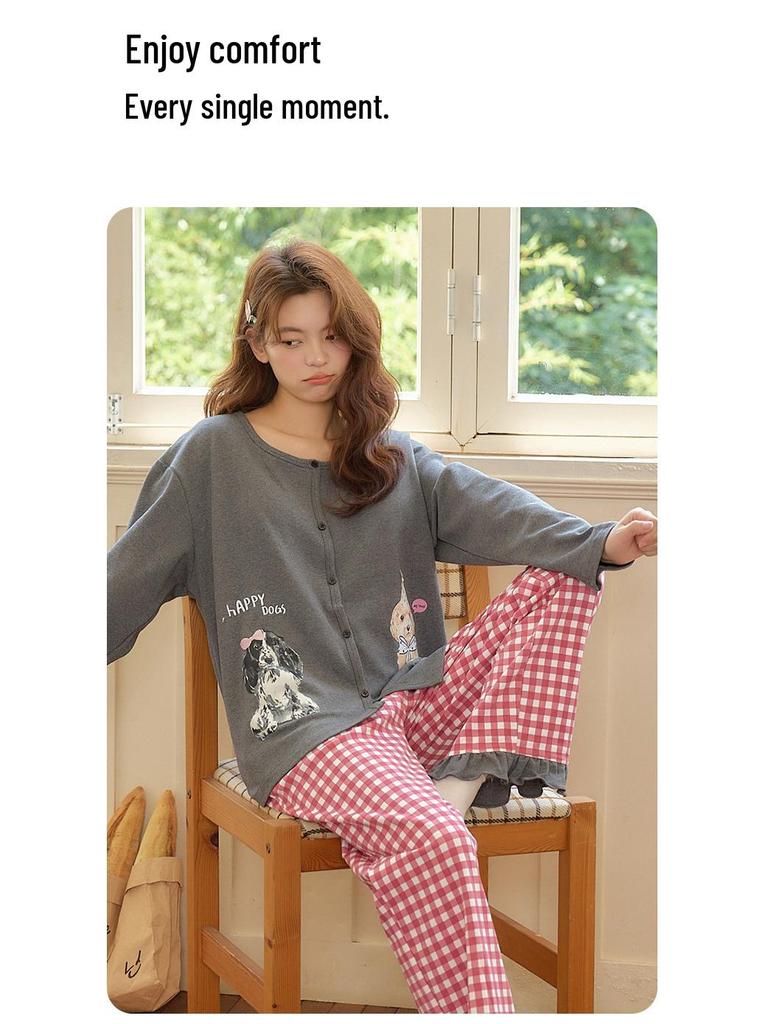 Women's Cute Cartoon Pajama Set with Chest Pads - Long Sleeve, Long Pants for Spring & Autumn, Wear Indoors or Out