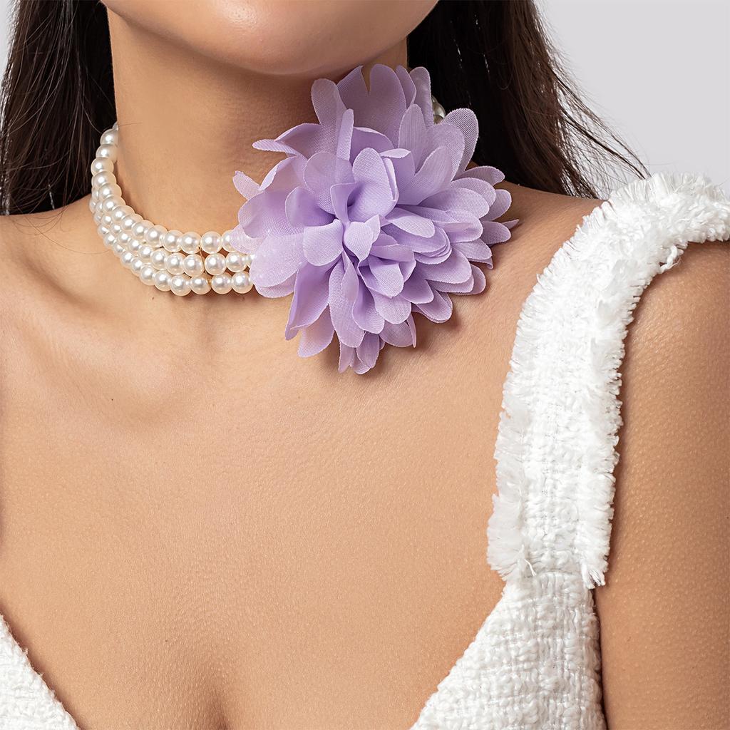 Vintage Imitation Pearl Floral Beaded Necklace, Handmade Chiffon Large Flower Collarbone Chain Collar
