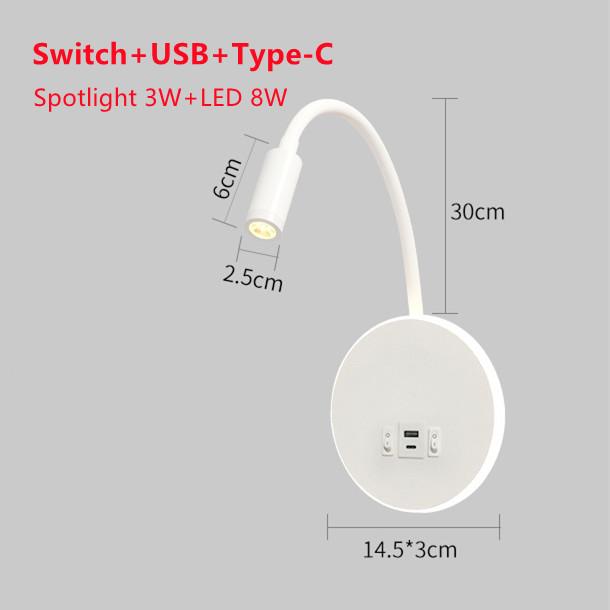 Modern LED Bedside Wall Lamp Bedroom Type-C Lamp Telescopic Hotel Reading Lamp Indoor USB Adjustable Angle Wall Light