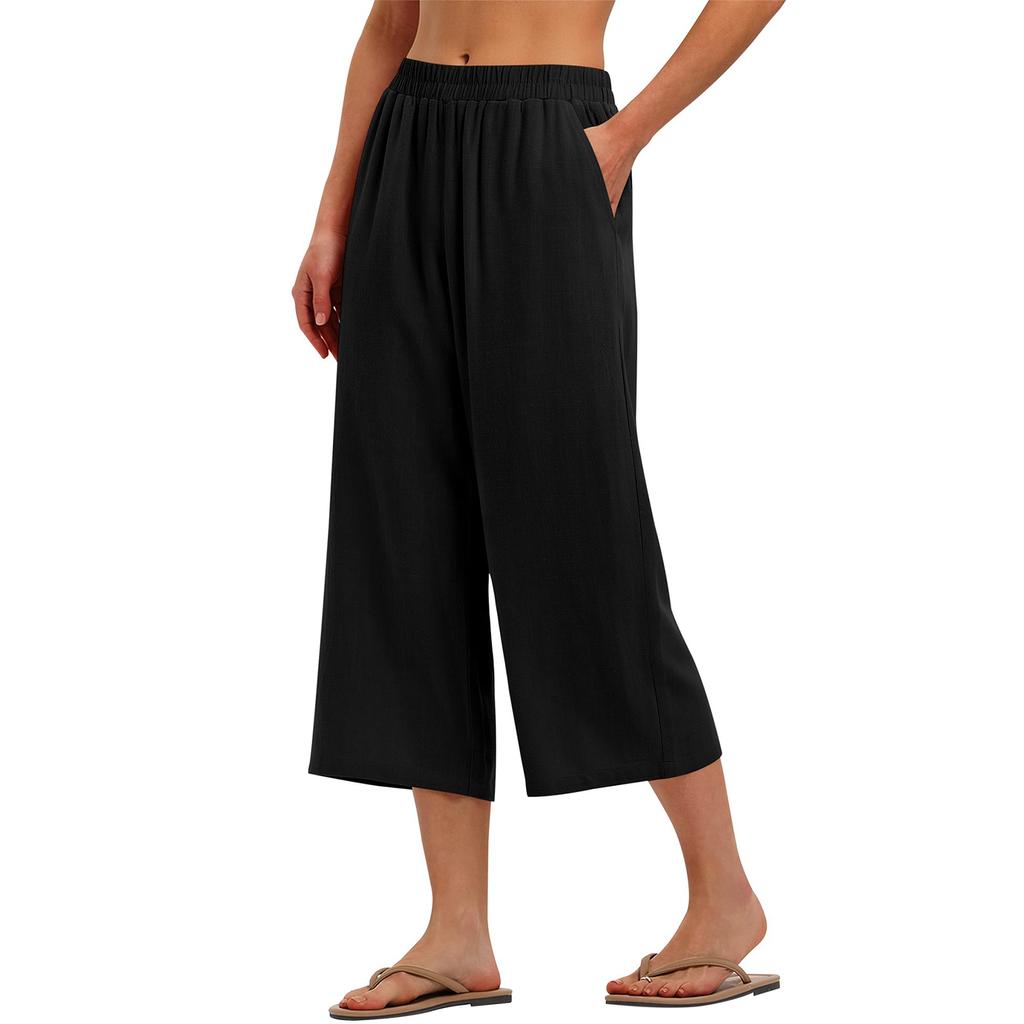 Pantaloni scurți evazați pentru femei cu buzunare Talie elastică Vară Plajă Vacanță Casual Croială largă Pantaloni pentru uz zilnic