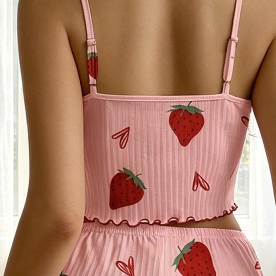 Zestaw piżamowy damski 2 sztuki, prążkowany, z nadrukiem truskawek, top crop cami i spodenki, regulowane ramiączka, oddychająca odzież domowa, do spania, na wszystkie pory roku