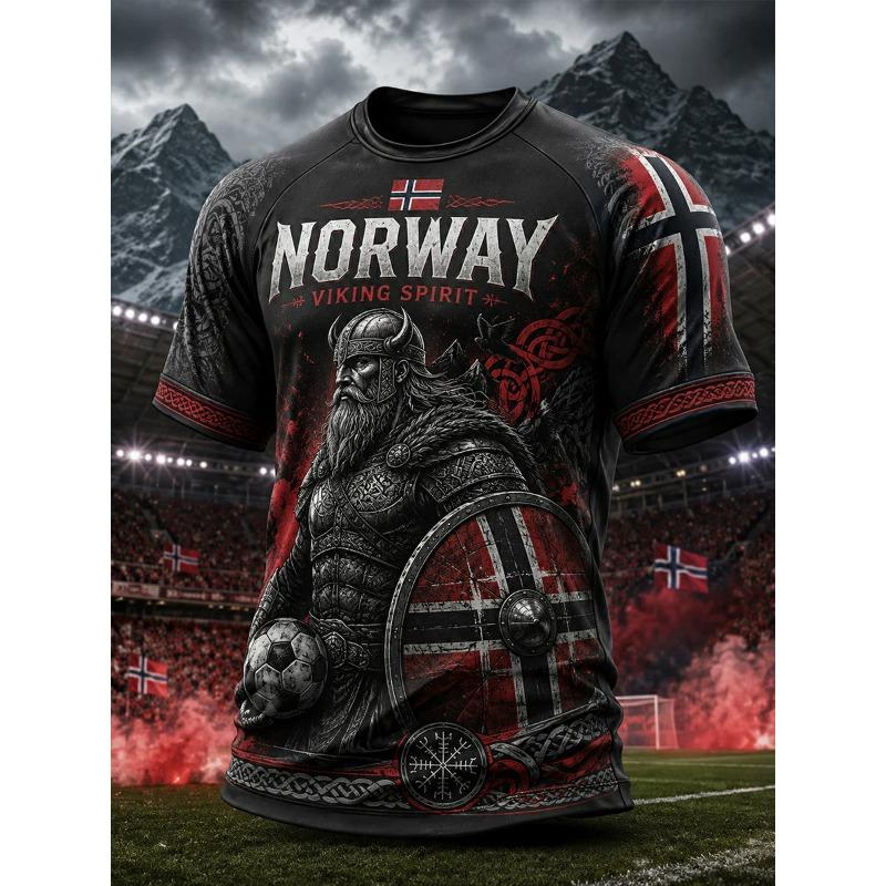 Retro Soccer Jersey Distressed Norse Warrior Football Graphic Sleeve Rune Pattern Red Celtic Trim Casual Fan 3d Print Top
