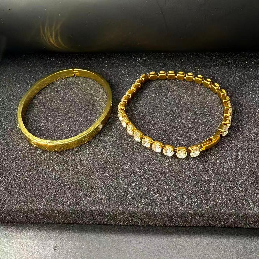 A Minimalist Two-piece Bracelet Set Comprising a Circular Bangle and a Single-row Zirconia Chain Bracelet. Birthday Gift.