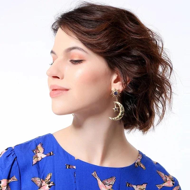 Fashion Sun Star Moon Drop Earrings Women Purple Cubic Zircon Dance Bohemia Handmade Crystal Moon Star Drop Dangle Earring