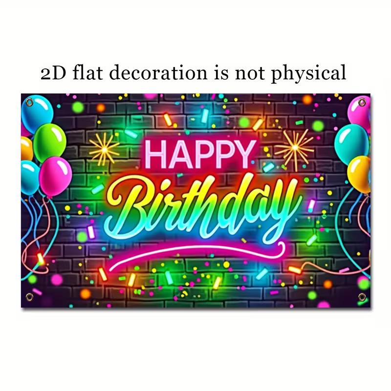 2D Glow Neon Happy Birthday Backdrop Photography Background for Kids Party
