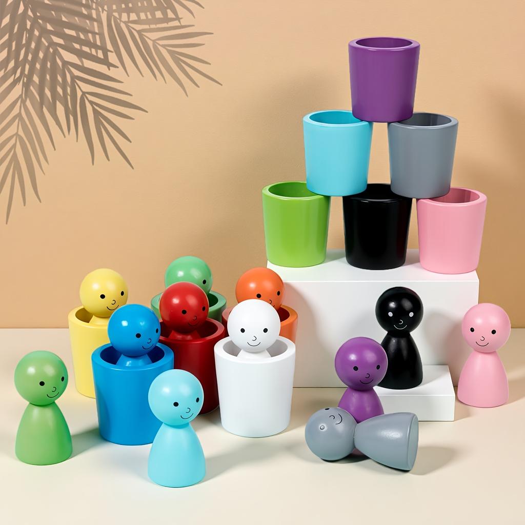 A 24pcs Wooden Sorting Cup Set in a Colorful Box, Featuring Cute Wooden Figurines for Educational Play. Enhances Observation and Hands-on Skills