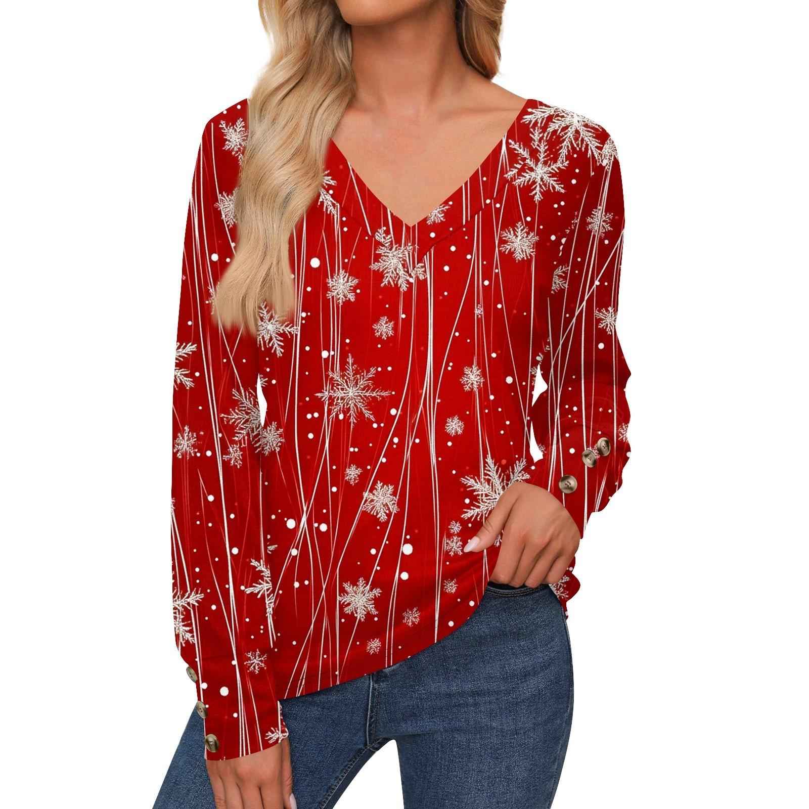 

Женская повседневная модная рождественская рубашка со снежинками и длинными рукавами, манжетами на пуговицах, с V-образным вырезом, свободная футболка, осенняя одежда S винный