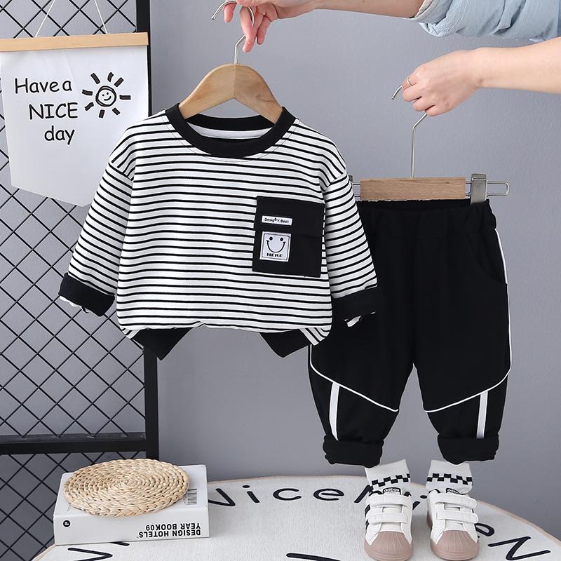 

Комплект с длинными рукавами для мальчика 0-5 лет Детская толстовка с круглым вырезом Полосатый топ Повседневные брюки Комплект из двух предметов Модная одежда для малышей XXL чёрный
