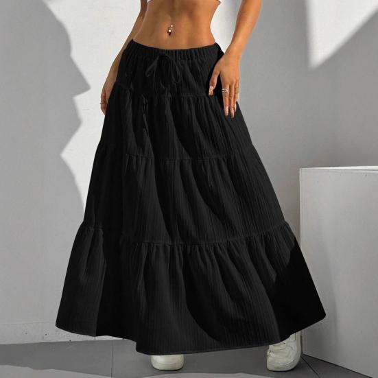 Women Long Skirt Spring Summer Middle Waist A Line Flowy Swing Skirt Breathable Solid Color Elastic Waist Drawstring Pleated Casual Skirt