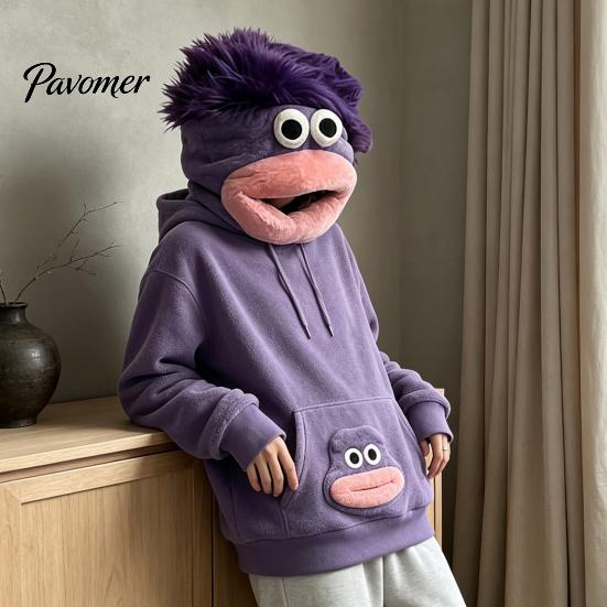 Unisex Pullover Top Big Mouth Creature Flannel Hoodie with Comb, Men Women Oversized Hooded Hoodies Sweatshirt, Thickened Plush Casual for Fall Winter