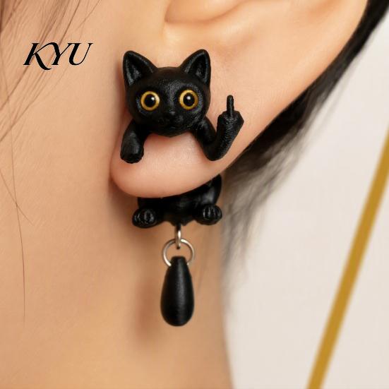 Lustige schräge Alltagsaccessoires 1 Paar Schwarze Katze Mittelfinger Ohrringe für Damen, 3D-gedruckte niedliche matte Textur Tierohrringe, Lustiger Gothic Front