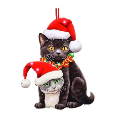 Christmas Cat Ornament Cartoon Cat with Santa Hat Pendant 2D Flat Acrylic Christmas Tree Hanging Decoration for Holiday Home Decor