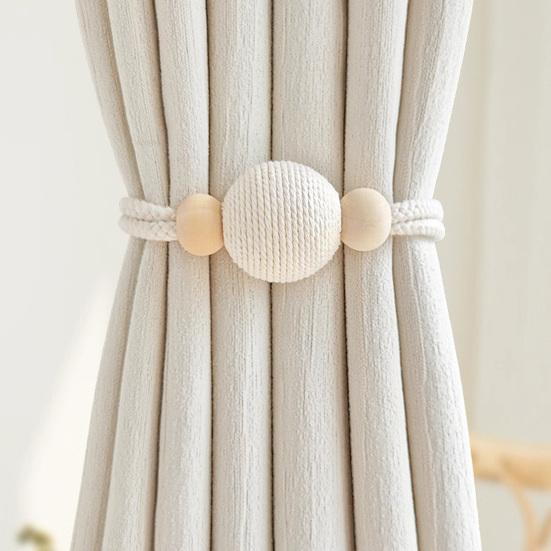 2PCS Magnetic Curtain Ties,with Strong Suction, Woven Rope And Wooden Beads Tiebacks, for Nordic Japanese Style Home Decor