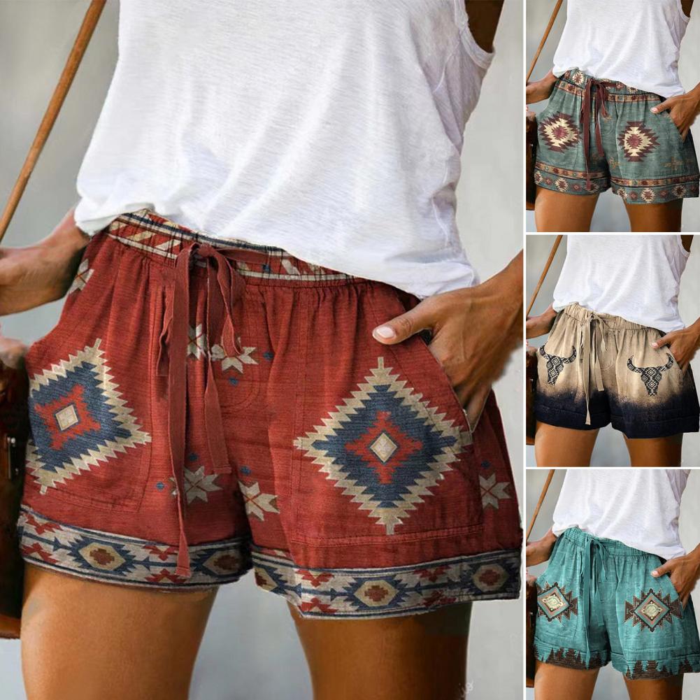 Trendy Women Summer Shorts Elastic Waistband Loose Fit Sweat Absorbing Retro Print Drawstring Thin Shorts