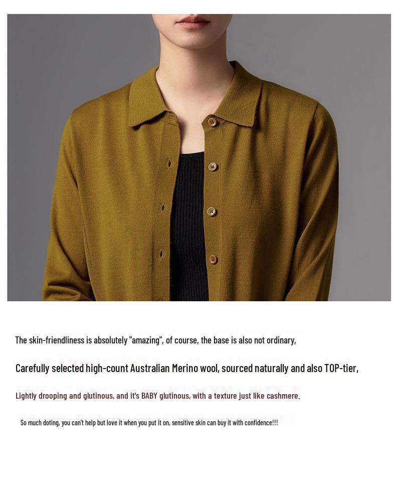 Women's High-End 48s Yangzi Fine Wool Cardigan, Solid Color, POLO Lapel Knit Jacket, Casual Spring/Autumn Style.