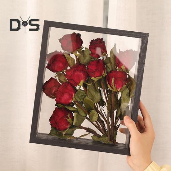 Wooden Photo Frame Clear Double-sided Display Stand Rustic Desktop Floating Picture Frame for Dried Flower Display DIY Crafts