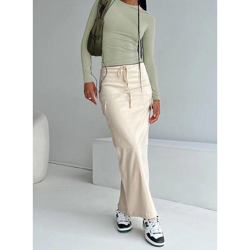 

Fashion Elegant Tied High Waist Pocket Slim Fit Slit Straight Skirt Lace up High Waisted Skirt Beige S