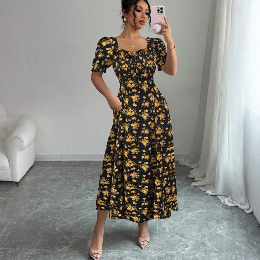 Womens Summer Dresses Elegant Dresses for Women Casual Floral Print Square Neck Beach Dresses for Women Vacation Dresses for Women 2026
