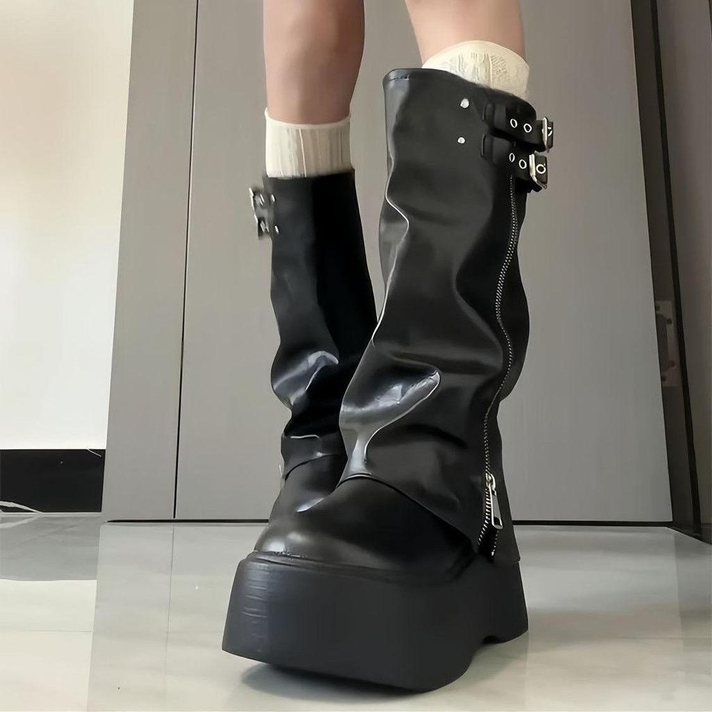 Dámské cool stylové platformové kozačky nad koleno ve westernovém stylu - Silná podrážka, Vysoká holenní část, Vrstvený design