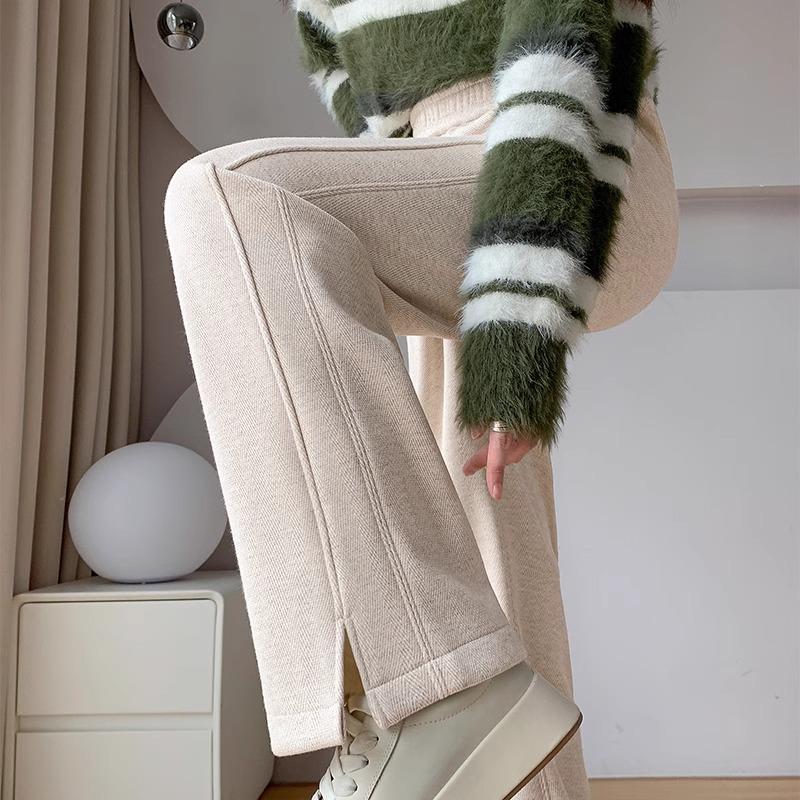 Women's High-Waist Woolen Pants - Fleece Lined, Wide-Leg, Slim Fit, Herringbone Pattern - Plus Size, Autumn/Winter 2024
