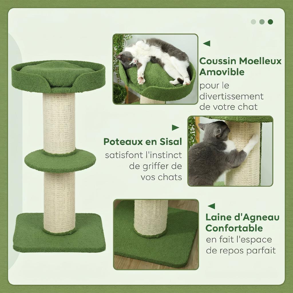 Cat Tree with Scratching Post, Activity Center, Platforms, Cushion, 45 x 45 x 91 cm, Green and Beige