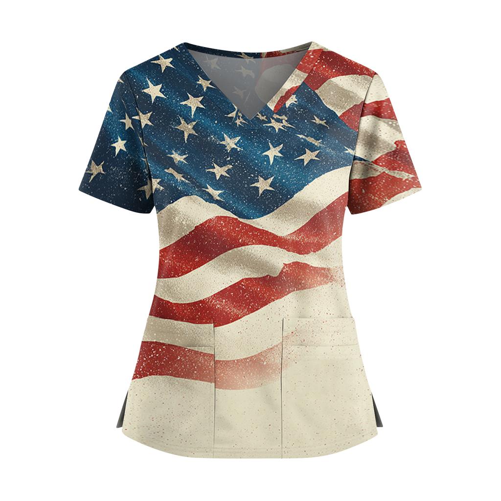 Women's Independence Day Print V-Neck Double Pocket Short Sleeve Uniform with Slit Hem - Caregiver Top