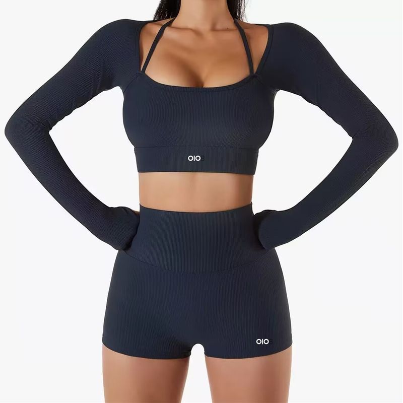 Oiob Yoga Clothes Cycling Running Workout Outfit High Waist Hip Lift Thin Exercise Women's Long Sleeve Tops High Elastic Shorts