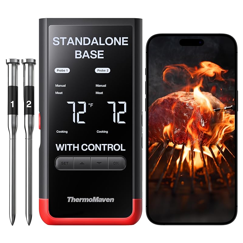 ThermoMaven Smart Bluetooth Wireless Meat Thermometer: Standalone Base, WiFi Unlimited Range, 6 Sensors with NIST Certified Accuracy, 2 Probes for Red-2 Probes