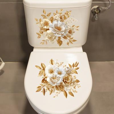 Light Luxury Style Golden Floral Toilet Stickers, Bathroom Toilet Decoration Stickers