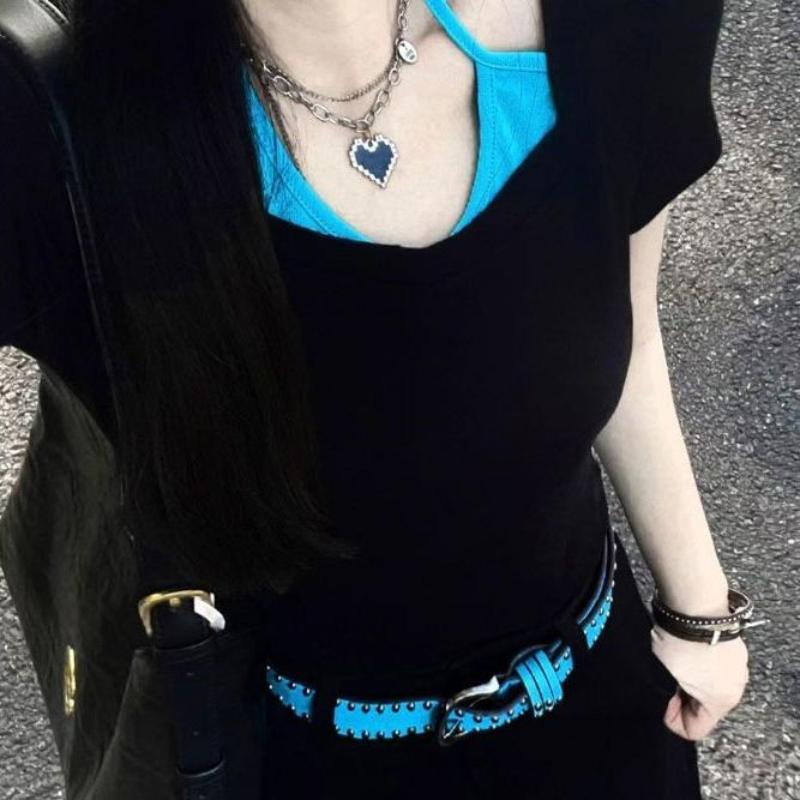 

Женские футболки с имитацией двойки, с вырезом-каре и открытыми плечами, в американском стиле, черные, летние, облегающие, короткие XL