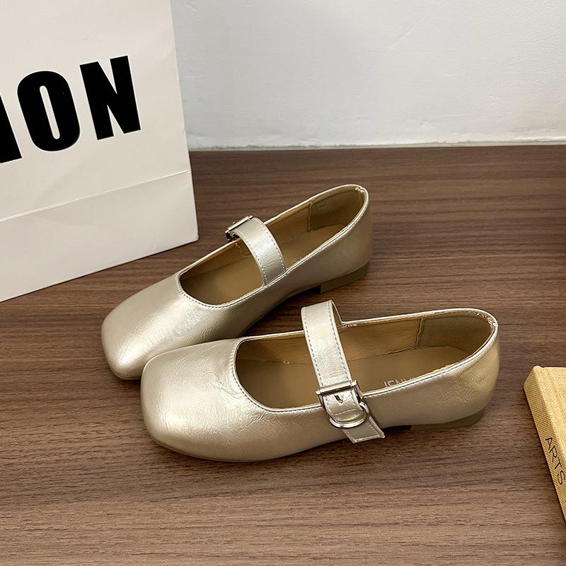 2025 Spring and Autumn New French Mary Jane Single Shoes Women's Korean Version Square Head One Pedal Shallow Mouth Flat Bottom Doudou Women's Shoes