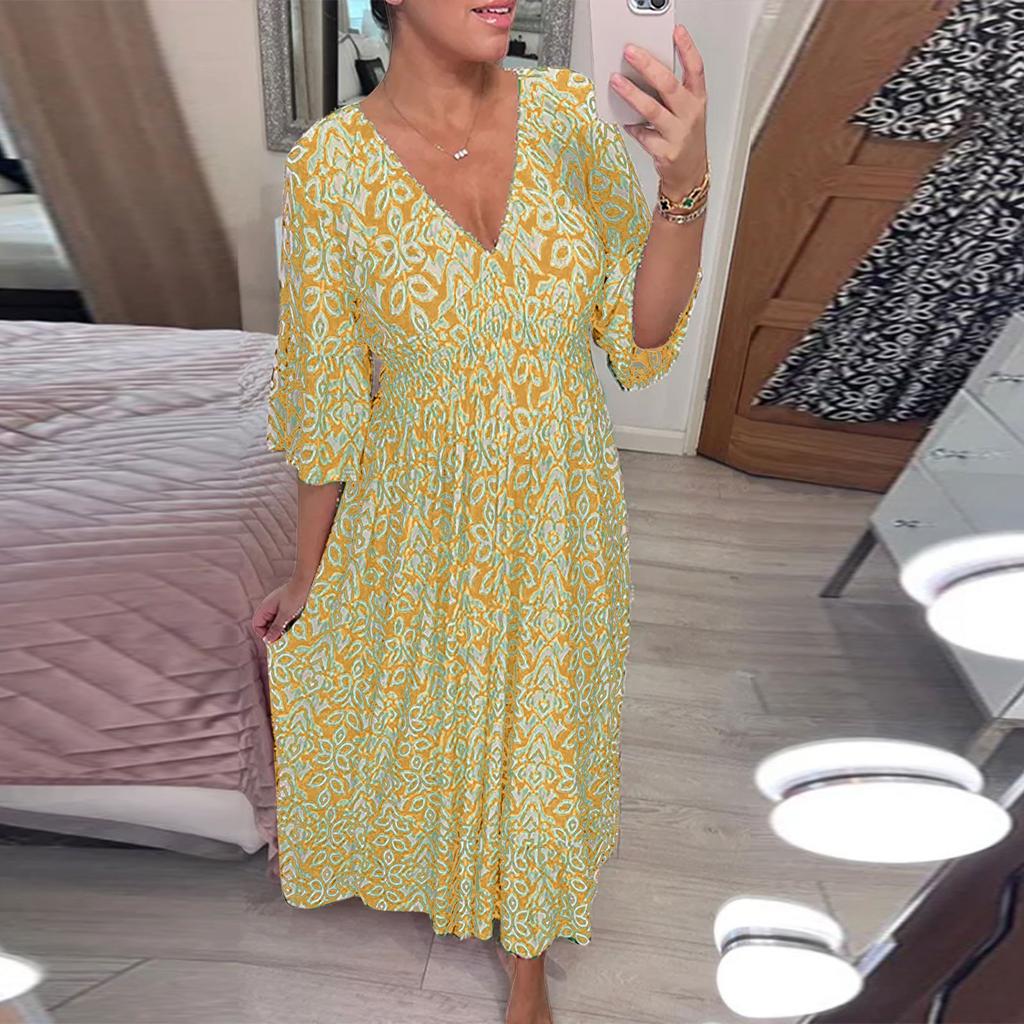 Women's Fashionable Casual Printed V-Neck Dress With Tunic Waist Ruffle Sleeves 3/4 Sleeves A-Line Dress