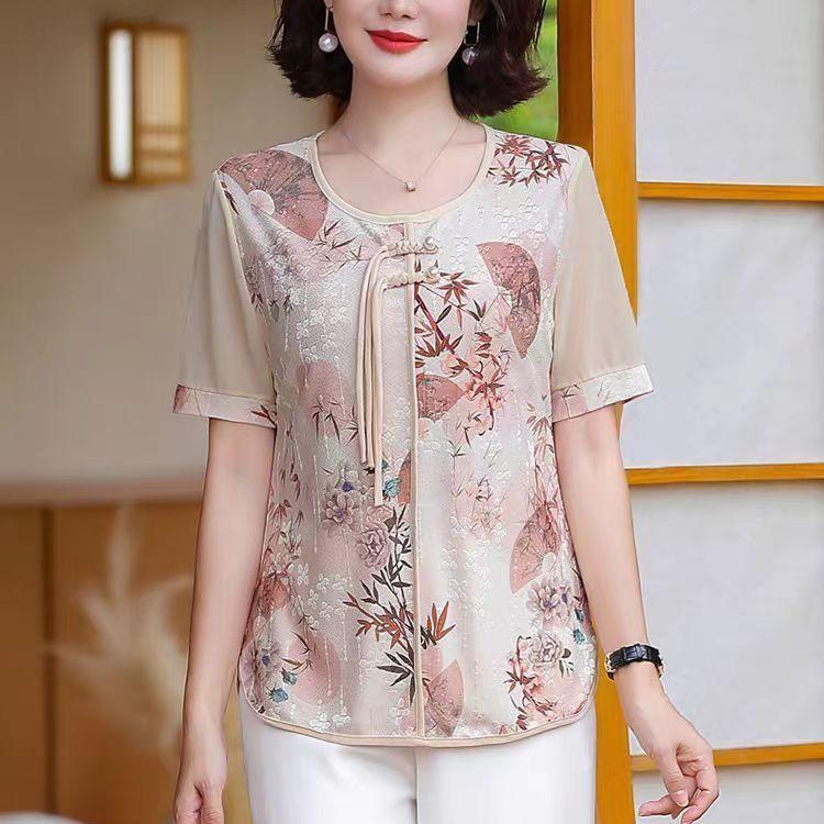 

Летний топ с коротким рукавом 2025 новый женский новый китайский национальный стиль рубашка для 50-летних M
