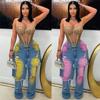 Women Tie‑Dye Ripped Jeans High Waist Irregular Asymmetrical Distressed Raw Hem Wide Leg Denim Pants Streetwear